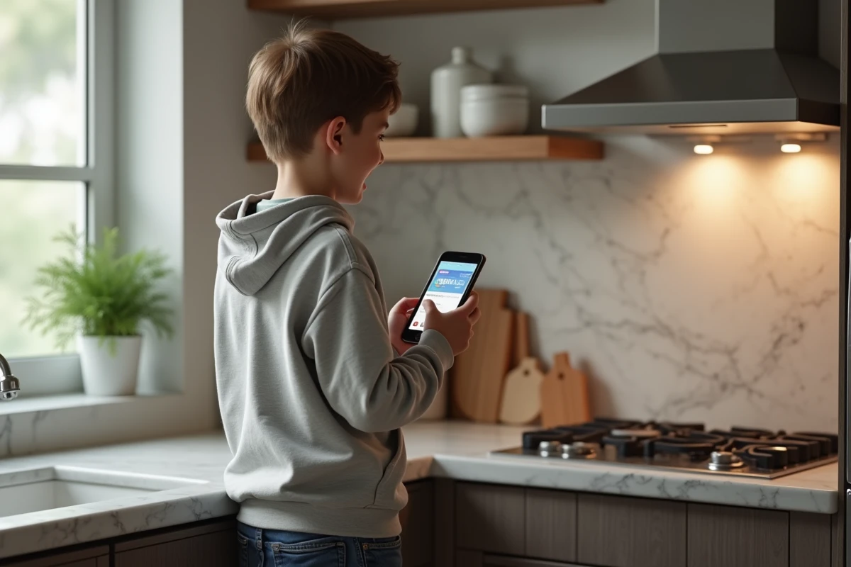 Adolescent riant en regardant une carte digitale sur son téléphone