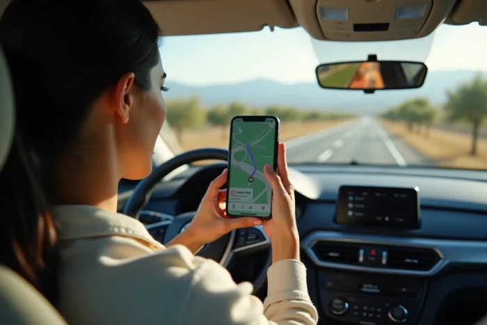 Femme consultant une application GPS sur smartphone dans une voiture sur une autoroute espagnole entourée d'oliveraies