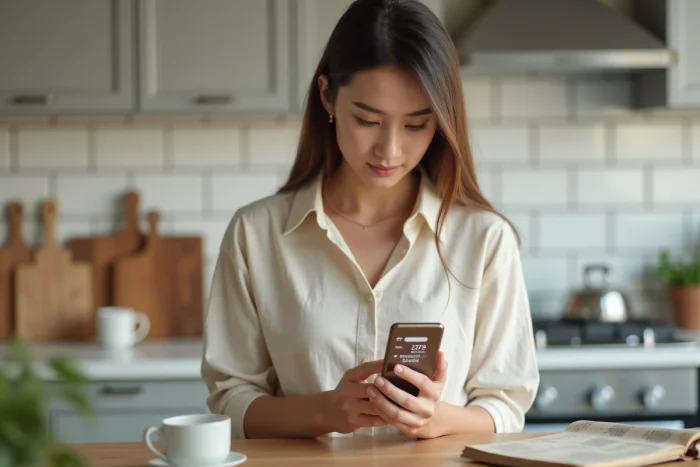 Jeune femme utilisant une application mobile pour calculer la différence entre deux dates dans une cuisine moderne