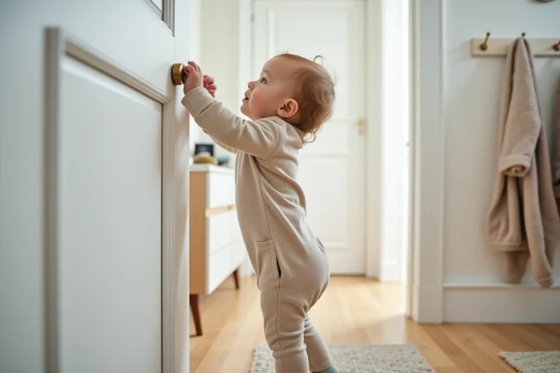 Bébé d'environ 18 mois qui essaie d'attraper une poignée de porte ronde en laiton dans un couloir scandinave lumineux