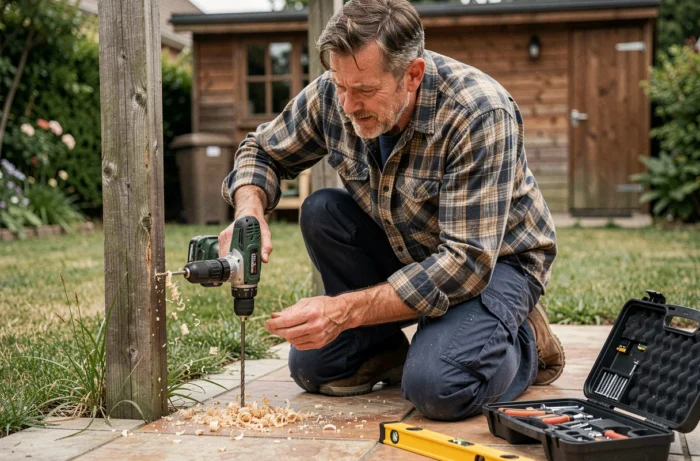 Homme utilisant une perceuse sans fil pour fixer un poteau en bois dans un jardin de maison lors de travaux de bricolage extérieur