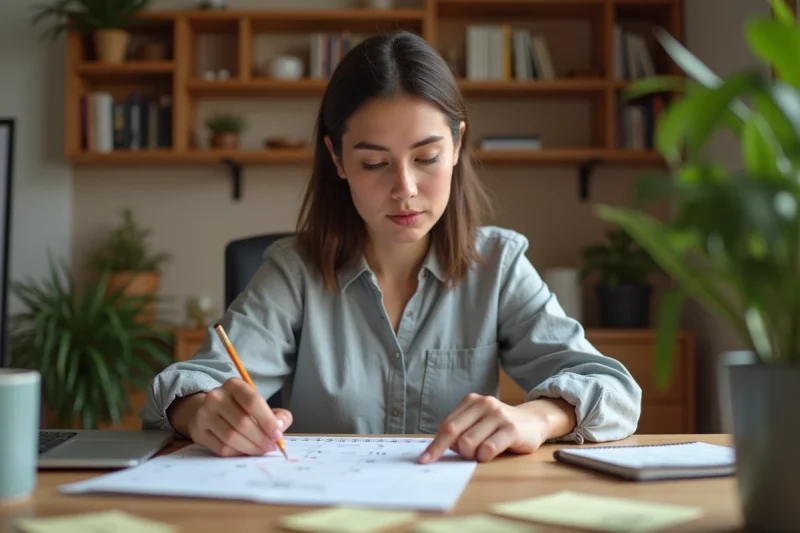 Femme calculant la différence entre deux dates sur un calendrier papier à son bureau
