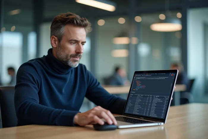 Homme utilisant un tableur sur ordinateur portable pour calculer un écart entre deux dates au bureau