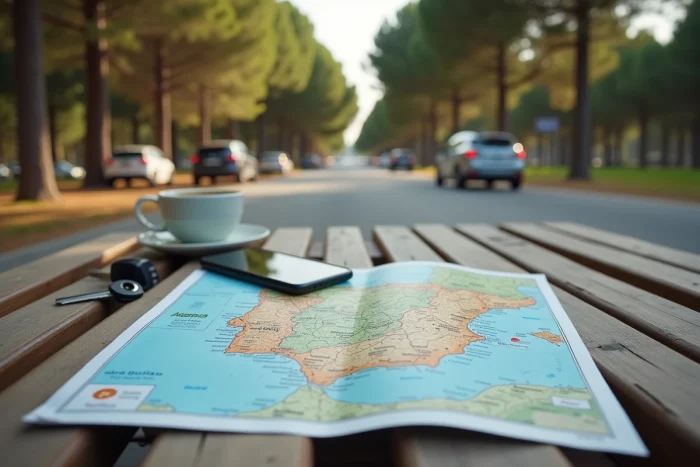 Carte routière de l'Espagne dépliée sur une table avec smartphone affichant une application de navigation lors d'une pause sur autoroute