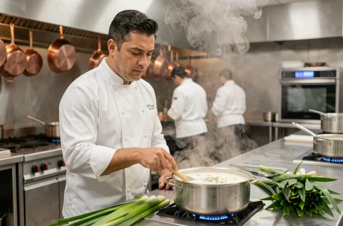 Chef cuisinier préparant un dessert au lait de coco infusé aux feuilles de pandan dans une cuisine de restaurant moderne