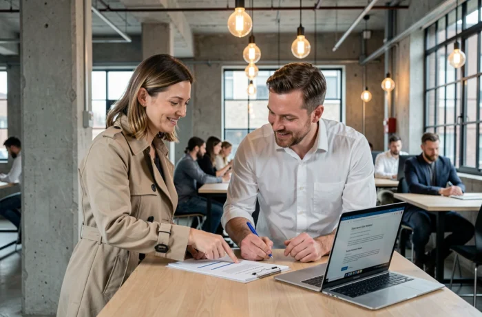 Deux collègues examinant ensemble les obligations légales d'un site web dans un espace de coworking
