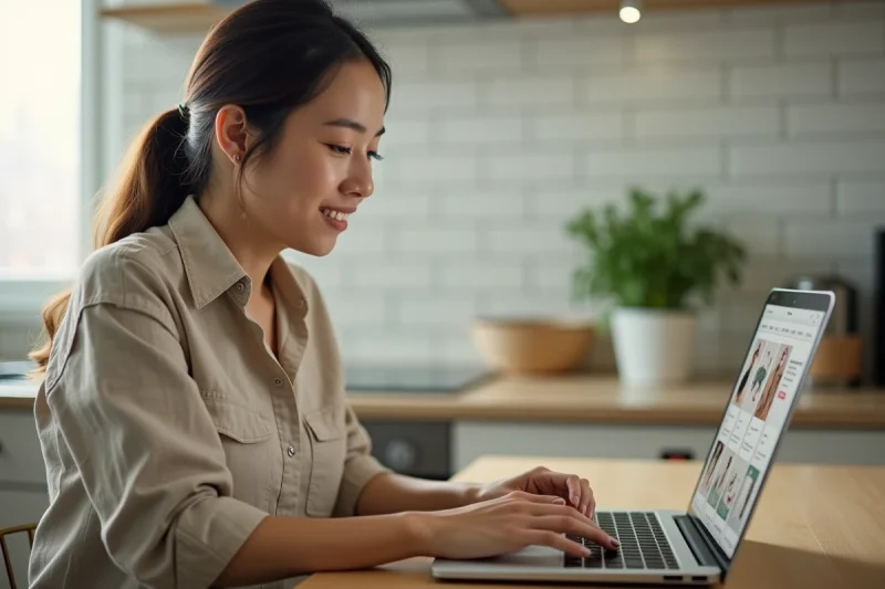 Femme utilisant un service de livraison en ligne sur son ordinateur portable dans une cuisine moderne