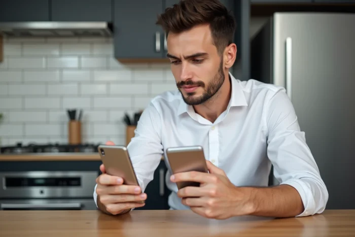 Jeune homme comparant des applications domotique sur deux smartphones pour choisir entre Tuya Smart et une alternative