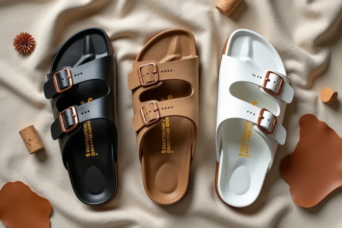 Vue de dessus de trois modèles de sandales Birkenstock en cuir et daim disposés sur du lin naturel, comparant la qualité des matériaux et justifiant leur prix élevé