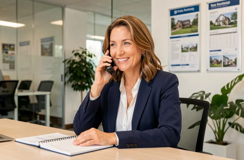 Conseillère immobilière Immolink souriante au téléphone dans une agence moderne prête à accompagner vos projets immobiliers
