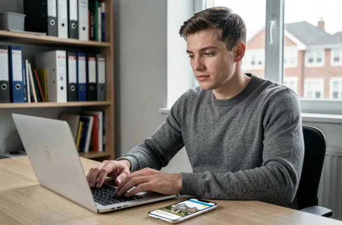 Jeune homme contactant l'équipe Immolink en ligne depuis son bureau à domicile pour un projet immobilier