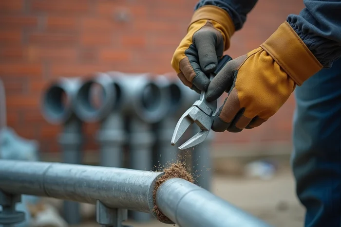 Gros plan sur la découpe précise d'une descente de gouttière en zinc avec une cisaille professionnelle
