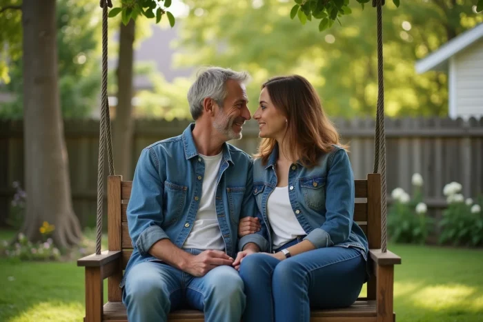 Couple en conversation bienveillante sur un balcon en bois, illustrant la communication et la complicité au sein du couple
