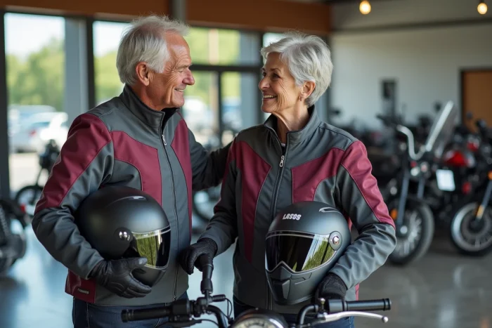 Couple de seniors examinant une moto basse et légère dans une concession moto