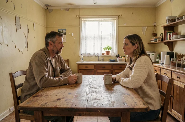 Couple en tension silencieuse dans une cuisine australienne modeste, scène dramatique évoquant les secrets et conflits de The Cry saison 2
