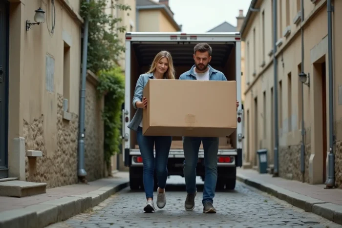 Couple portant ensemble un carton de déménagement devant une maison de ville française lors d'une journée de déménagement