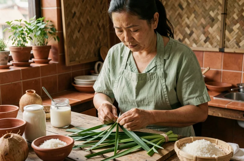 Femme asiatique nouant des feuilles de pandan fraîches dans une cuisine traditionnelle rustique