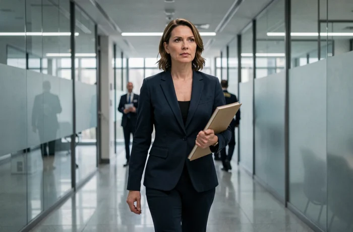 Femme déterminée marchant dans un couloir de commissariat moderne, représentant l'enquête policière au cœur de The Cry saison 2