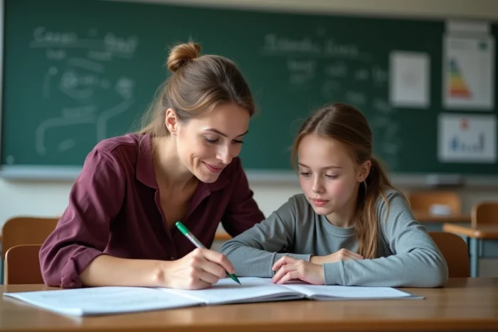 Enseignante aidant une élève en difficulté dans une salle de classe avec un cahier d'exercices ouvert