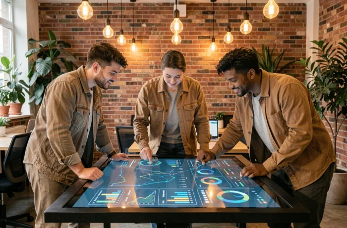 Équipe de jeunes professionnels collaborant sur une table tactile interactive avec analyses IA en 2024