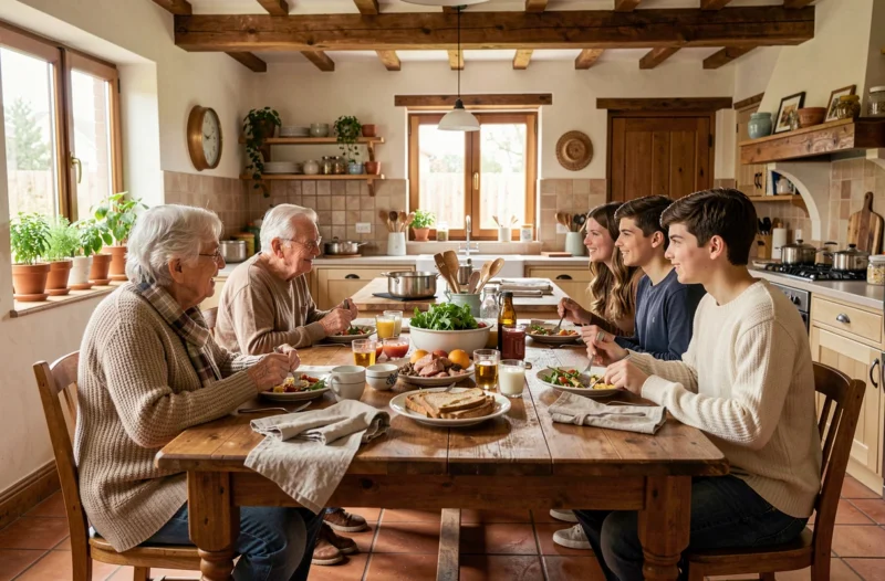 Famille multigénérationnelle réunie autour d'un repas dominical dans une cuisine chaleureuse et authentique