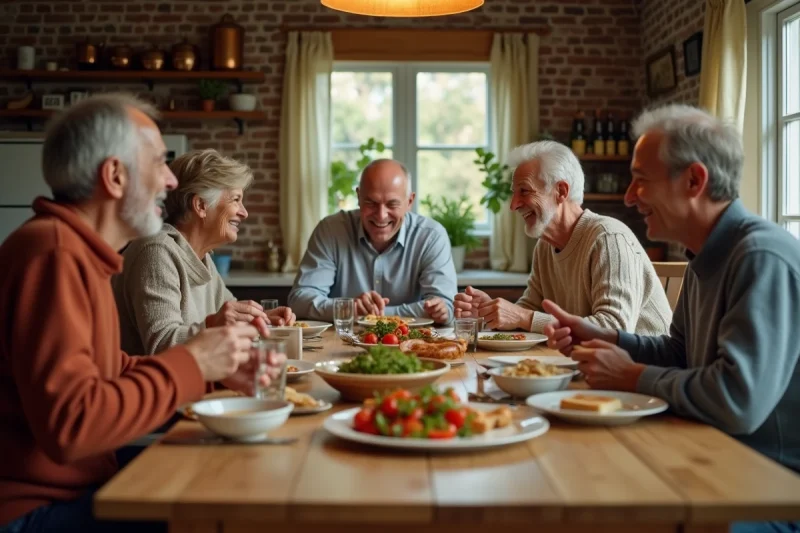 Famille multigénérationnelle réunie autour d'un repas convivial dans une cuisine chaleureuse, symbole d'harmonie familiale