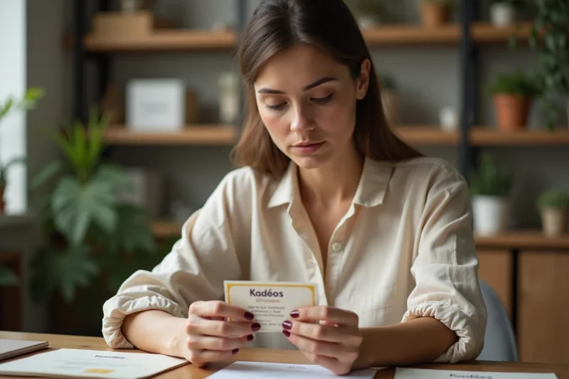 Femme tenant un chèque Kadéos et consultant les informations pour le convertir en carte cadeaux