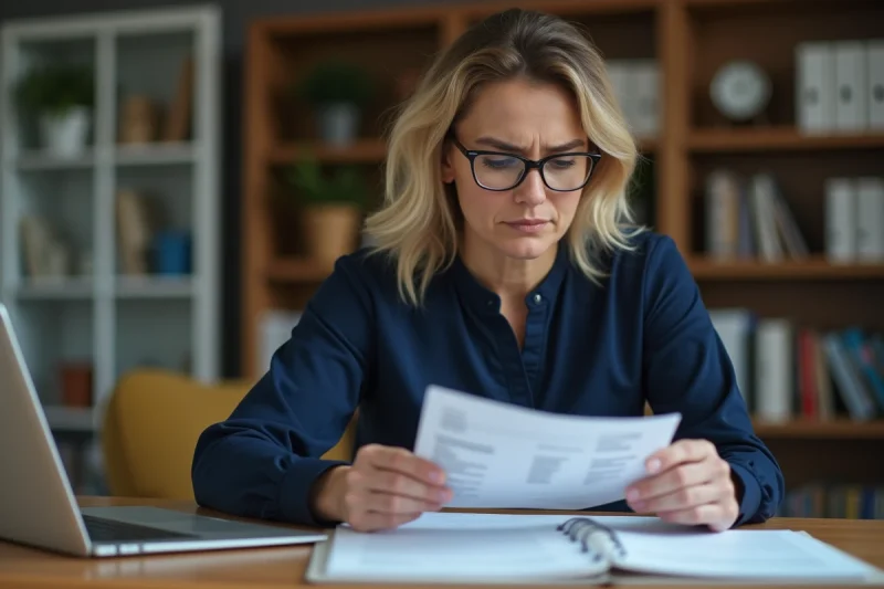 Femme consultant un relevé bancaire et des documents officiels relatifs à un prélèvement ADIS sur son bureau à domicile