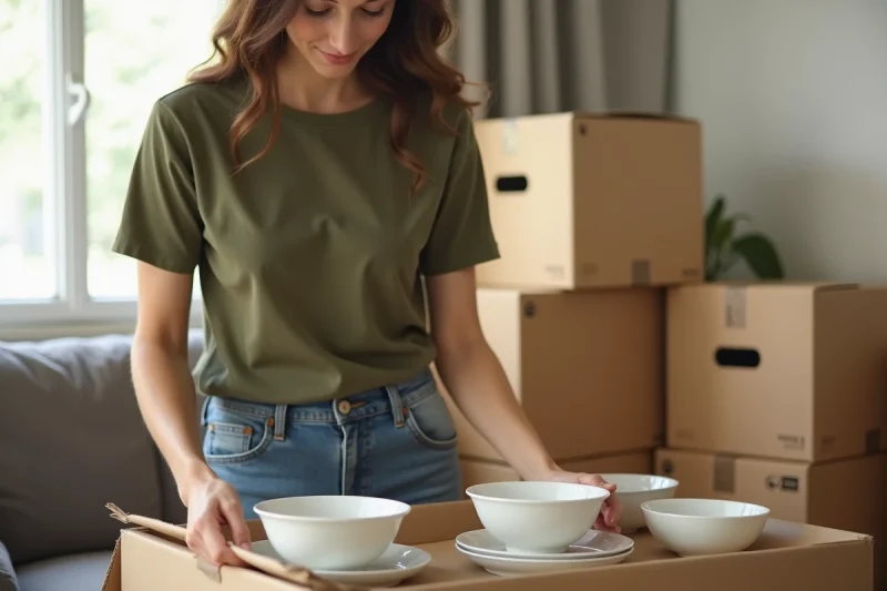 Femme emballant soigneusement de la vaisselle dans du papier bulle lors d'un déménagement organisé dans un appartement