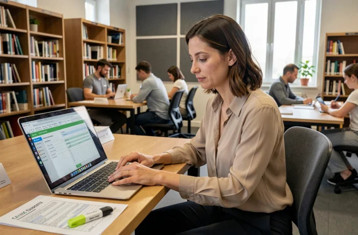 Femme en centre de formation remplissant un formulaire CAF en ligne sur ordinateur portable avec documents administratifs