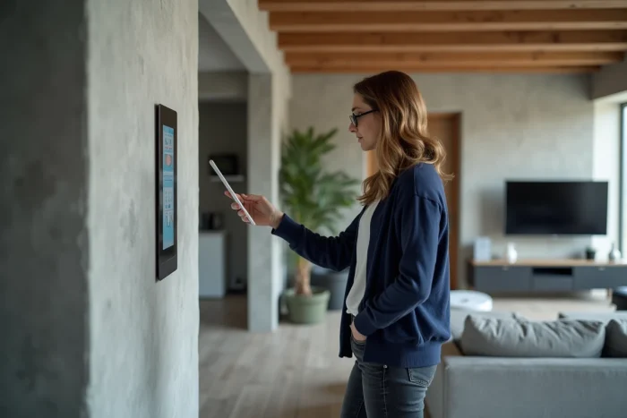 Femme gérant un système de maison intelligente avec tablette murale dans un salon connecté moderne