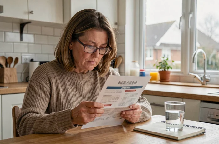 Femme lisant une brochure sur les taux d'alcoolémie à la maison