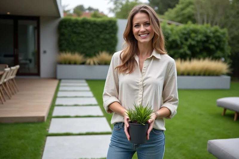 Femme souriante dans un jardin contemporain avec plantes en pot
