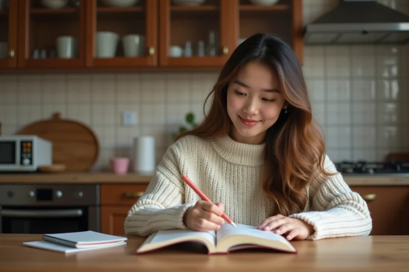 Jeune femme lisant un livre dans une cuisine chaleureuse