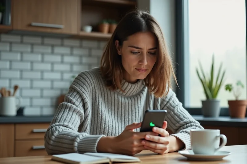 Femme regardant un numéro de téléphone inconnu sur son smartphone dans une cuisine moderne
