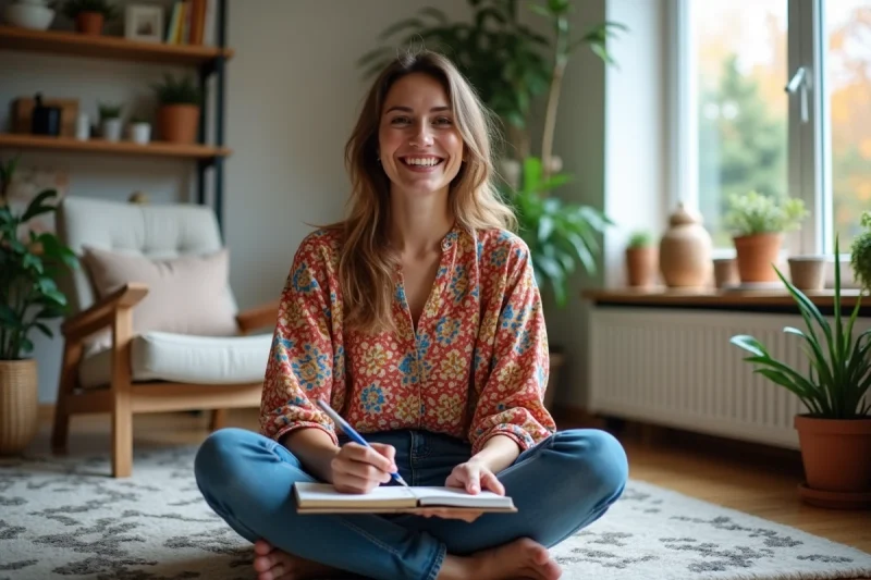 Femme souriante peignant dans son espace créatif