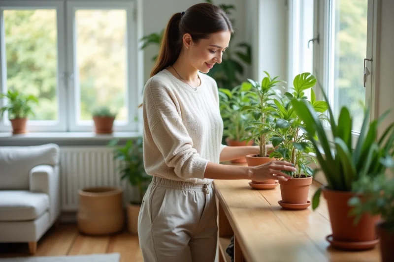 Femme arrangeant des plantes dans un salon lumineux