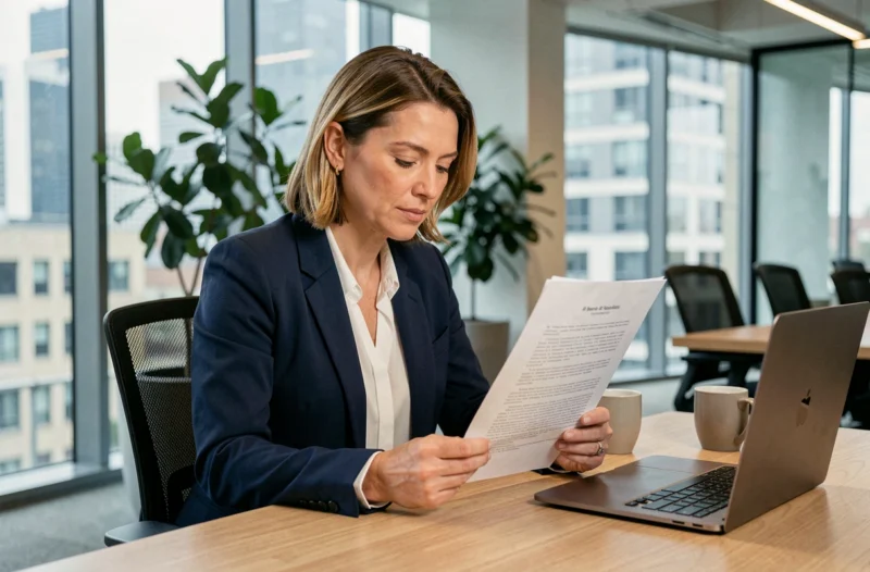Femme professionnelle lisant des mentions légales sur un document imprimé dans un bureau moderne
