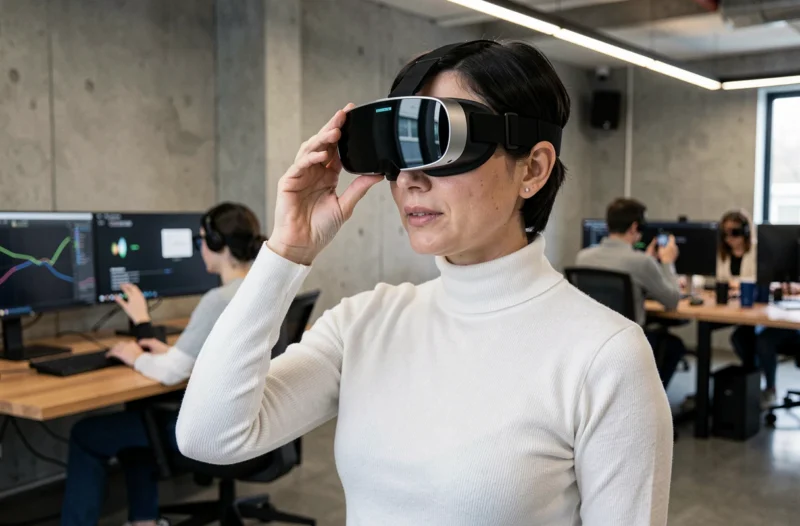 Femme utilisant un casque de réalité augmentée dans un bureau technologique moderne en 2024