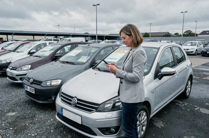 Femme consultant une annonce de voiture d'occasion sur smartphone dans un parking de concessionnaire