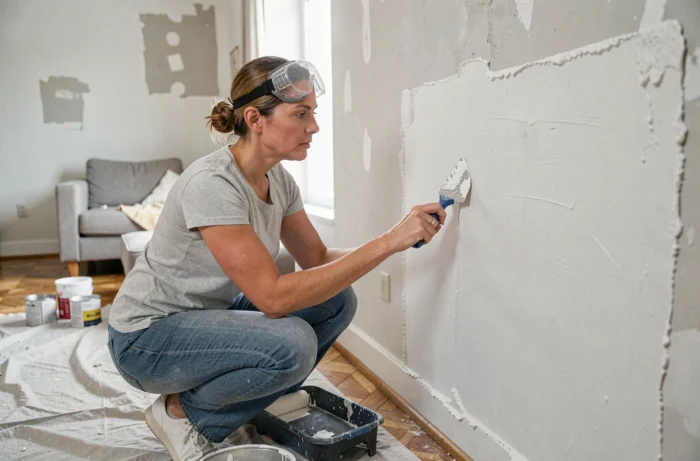 Femme appliquant de l'enduit sur un mur intérieur lors de travaux de rénovation dans un salon en cours de rafraîchissement