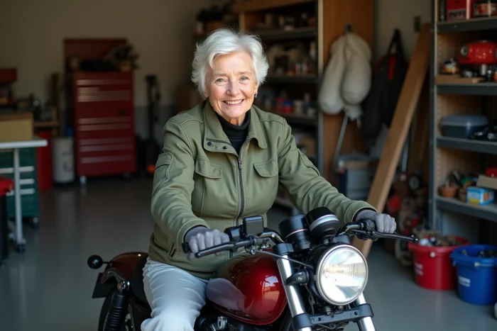Femme senior assise sur une moto légère et basse dans un garage, pieds à plat au sol