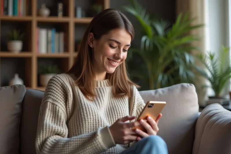 Femme souriante envoyant une carte virtuelle dans son salon
