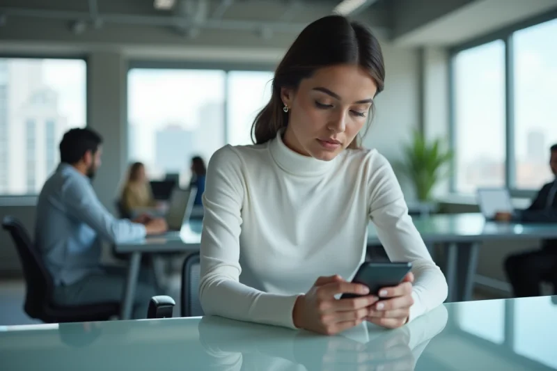Femme explorant un smartphone pliable dans un bureau tech moderne, tendances technologiques 2024