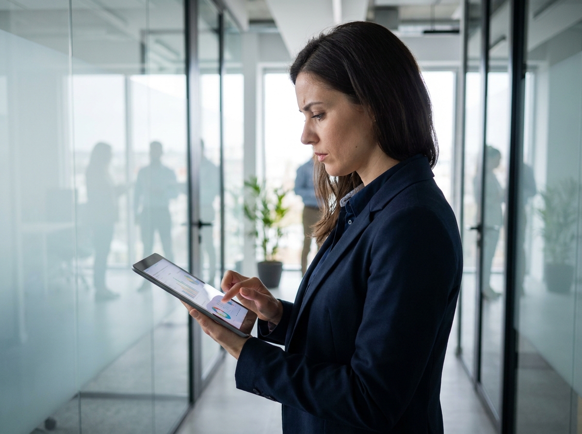 Jeune femme utilisant une tablette dans un couloir hightech