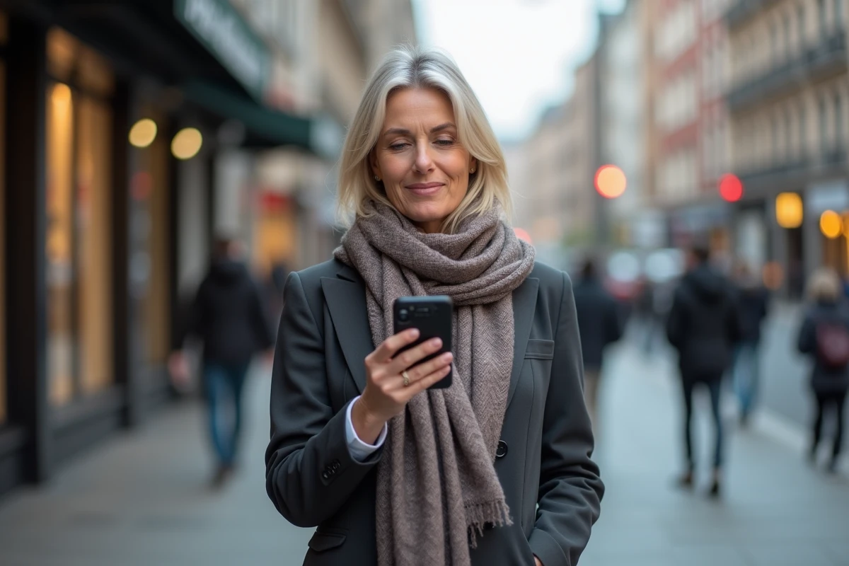 Femme vérifiant des avis en ligne sur son smartphone dans la rue