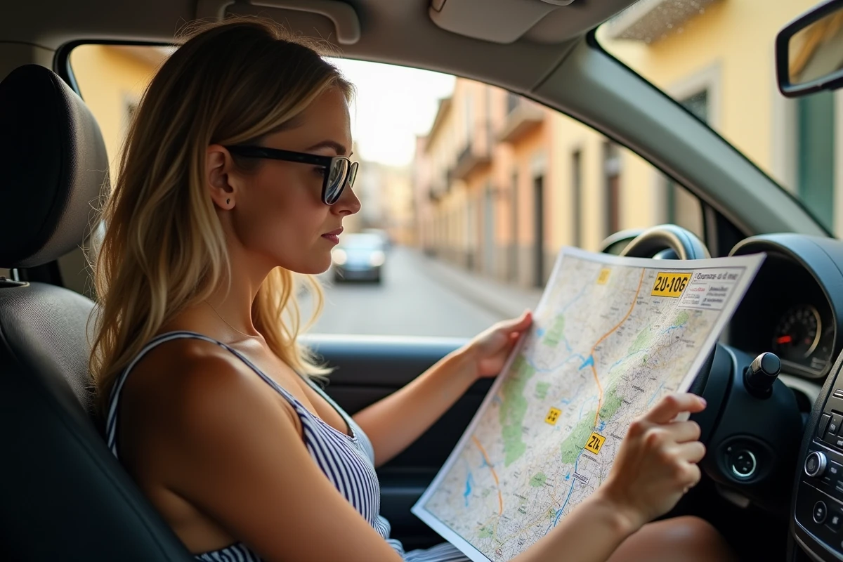 Jeune femme examinant une carte ZTL dans une voiture sicilienne