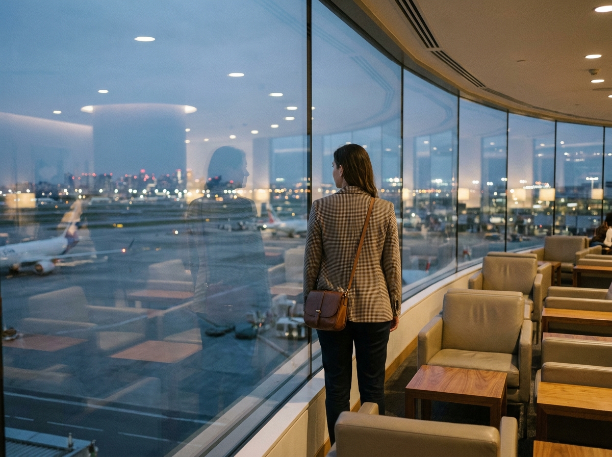 Femme voyageuse regardant par la fenetre d’un lounge