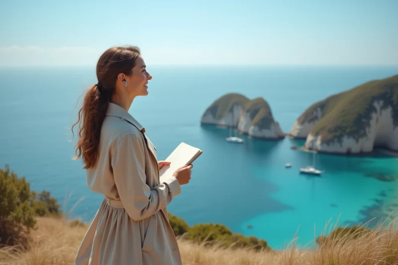 Jeune femme regardant l'horizon sur une falaise en bord de mer