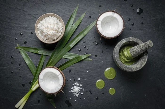 Vue aérienne d'un assortiment de feuilles de pandan fraîches et d'ingrédients culinaires exotiques sur ardoise noire